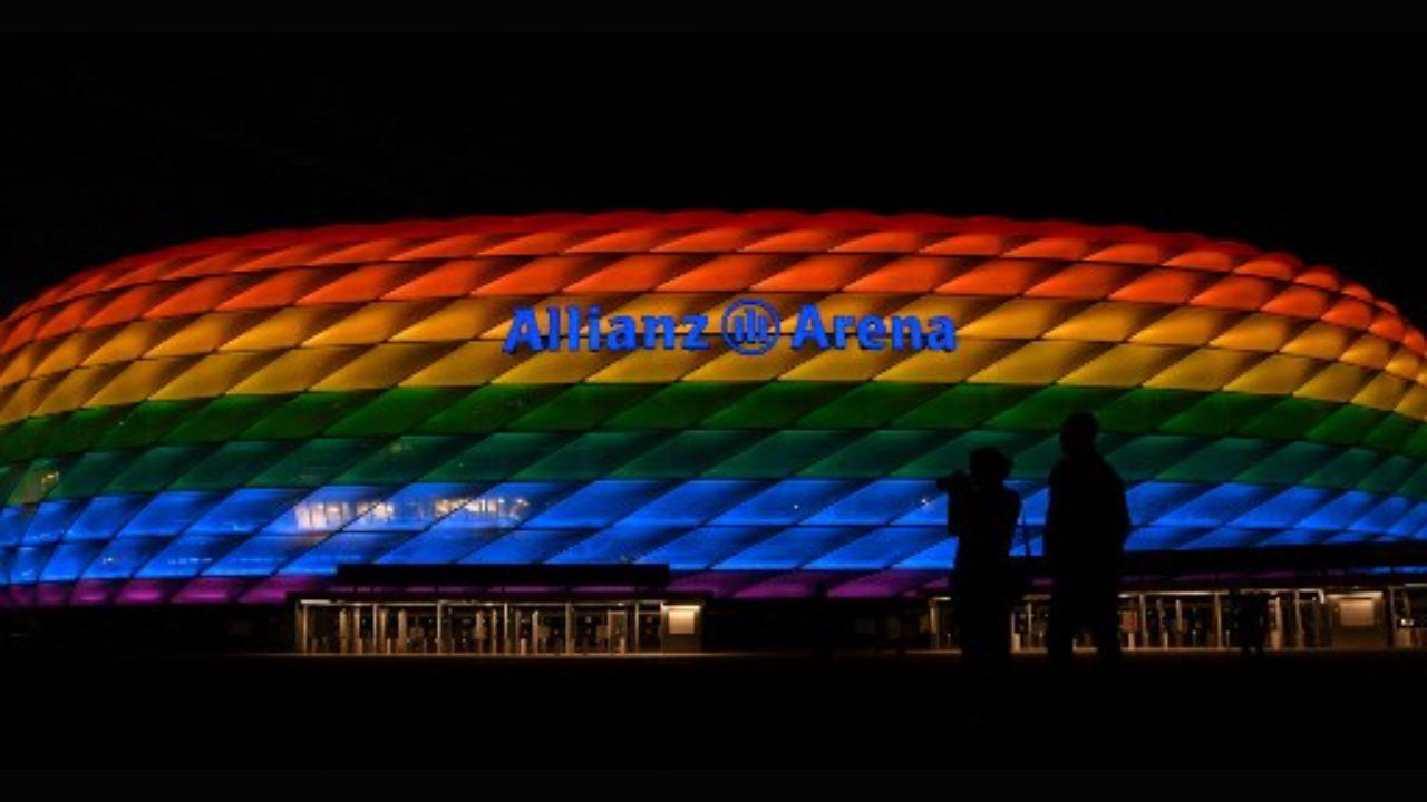 UEFA rejected a request from the Munich city council to light up the Allianz Arena for the match between Germany and Hungary to protest against the latter's recent anti-LGBTQIA+ law. The football body said it was because they were a “politically and religiously neutral organization”. However, it allowed the stadium to be lit up during Christopher Day Pride Week, which is celebrated to mark the 1969 Stonewall Riots. In this photo, a view of the Allianz Arena, lit in rainbow colors during the Christopher Street Day Pride Week in Munich on July 10, 2021. Photo: AFP 