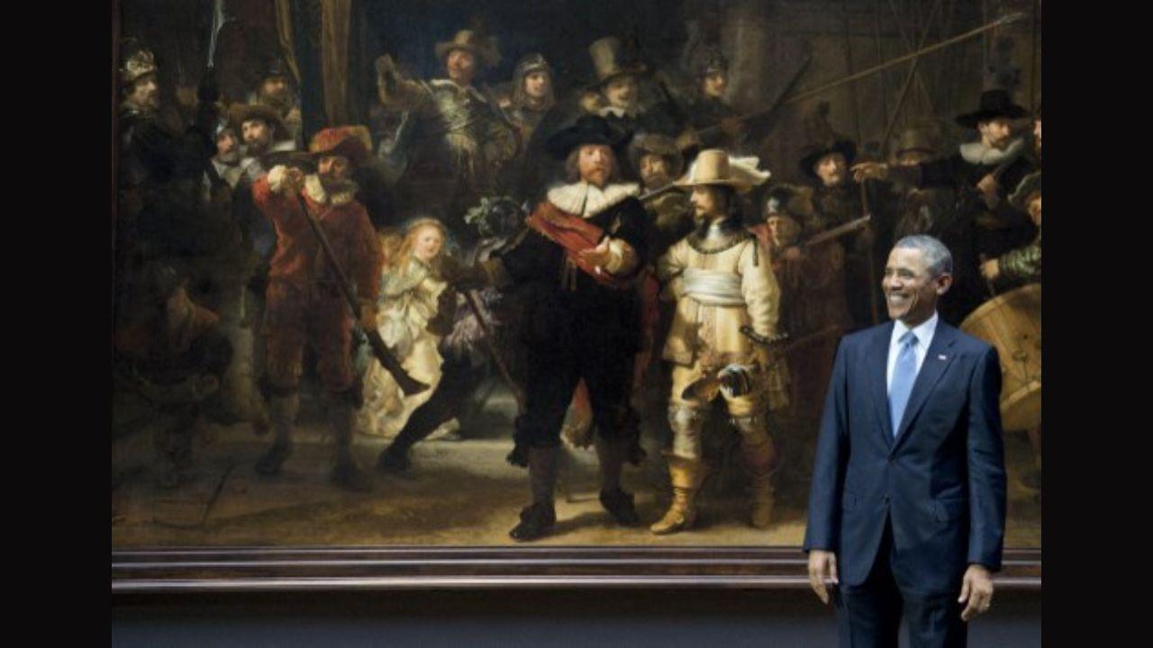 Former US President Barack Obama standing in front of Rembrandt's painting 'The Night Watch' during a visit to the Rijksmuseum in 2014. Recently, as reported by AP, with the help of artificial intelligence Amsterdam’s Rijksmuseum recreated parts of the iconic ‘The Night Watch’ painting that were trimmed off 70 years after Rembrandt finished it. Photo: AFP/Saul Loeb