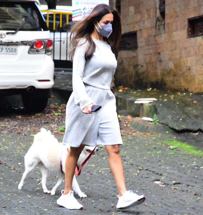 Malaika Arora was out for a walk with her dog near her residence in Bandra. Fitness diva sported a grey sweatshirt and matching shorts as she was clicked by the photographers.