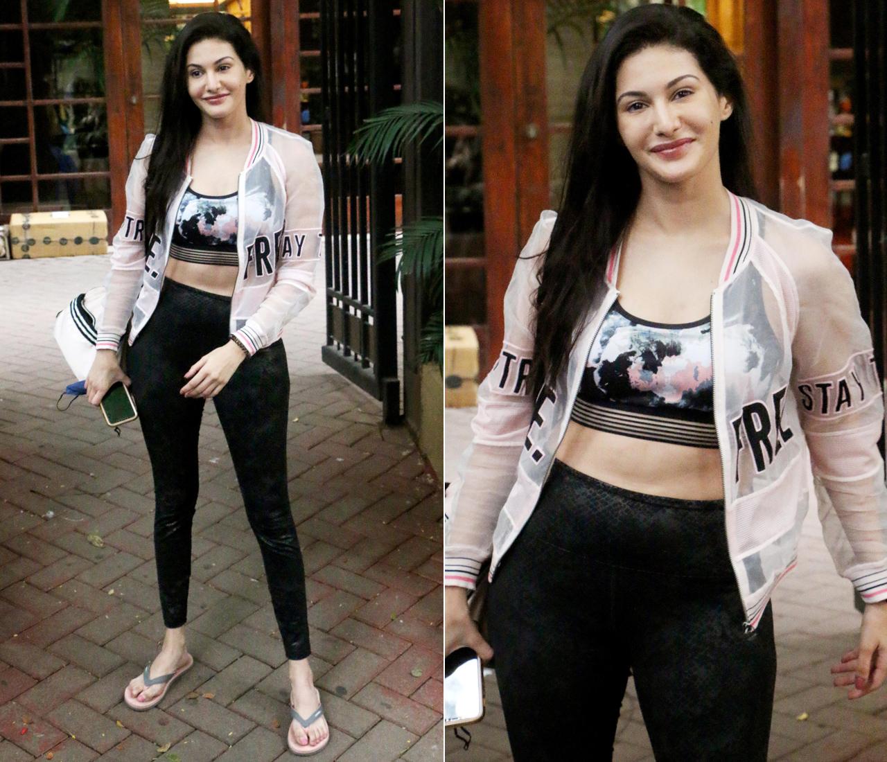 Amyra Dastur was snapped in Bandra, Mumbai. The actress looked fit and fab in a pink and black gym athleisure. On the work front, Amyra will feature alongside actor-choreographer-filmmaker Prabhu Deva in the upcoming Tamil film 'Bagheera'.