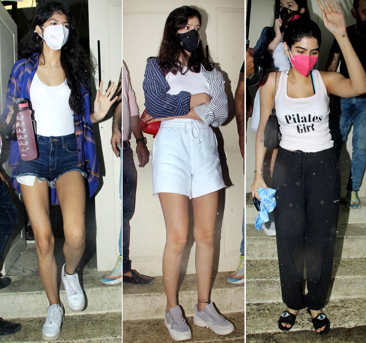 Besties - Anjini Dhawan (Varun Dhawan's niece), Shanaya Kapoor (Sanjay Kapoor's daughter), and Khushi Kapoor (Boney Kapoor's daughter) were clicked at a restaurant in Bandra, as they caught up for lunch.
