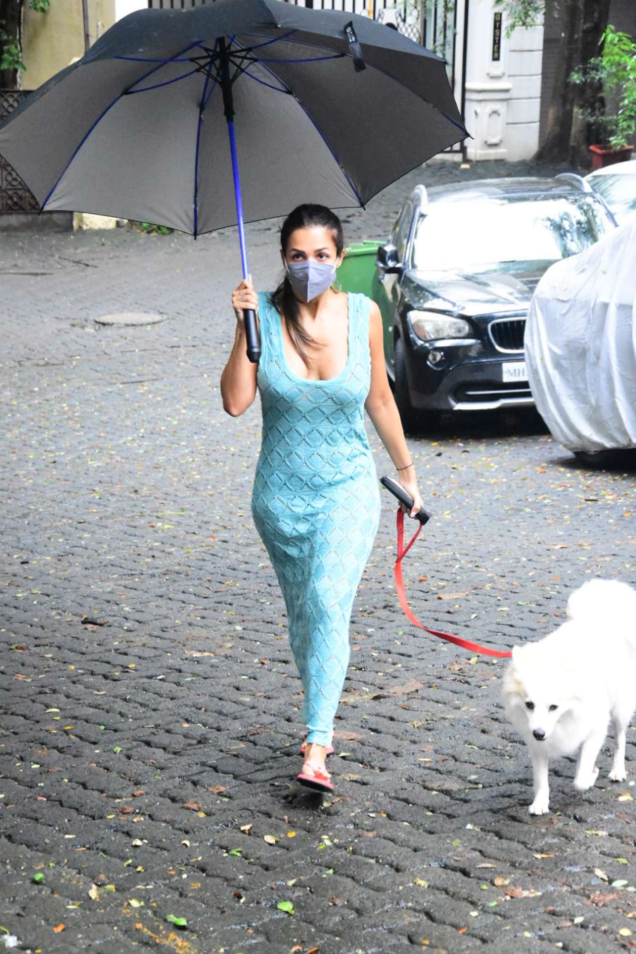 Malaika Arora stunned in a blue maxi dress as she stepped out to walk her pet on a rainy day in Mumbai. The actress opted for flip-flop slippers to complete her casual look.