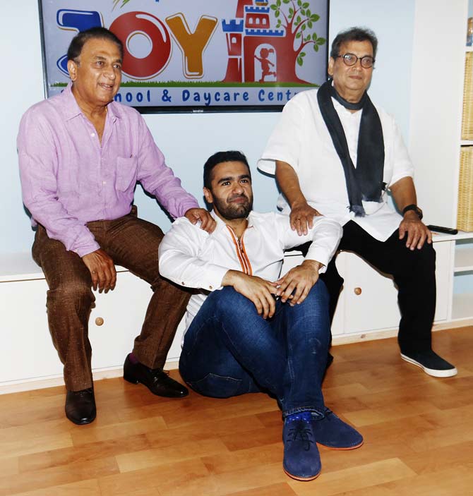 Sunil Gavaskar and Subhash Ghai pose with Siddhant Goswami at the event for a pre-school and daycare centre in Andheri
