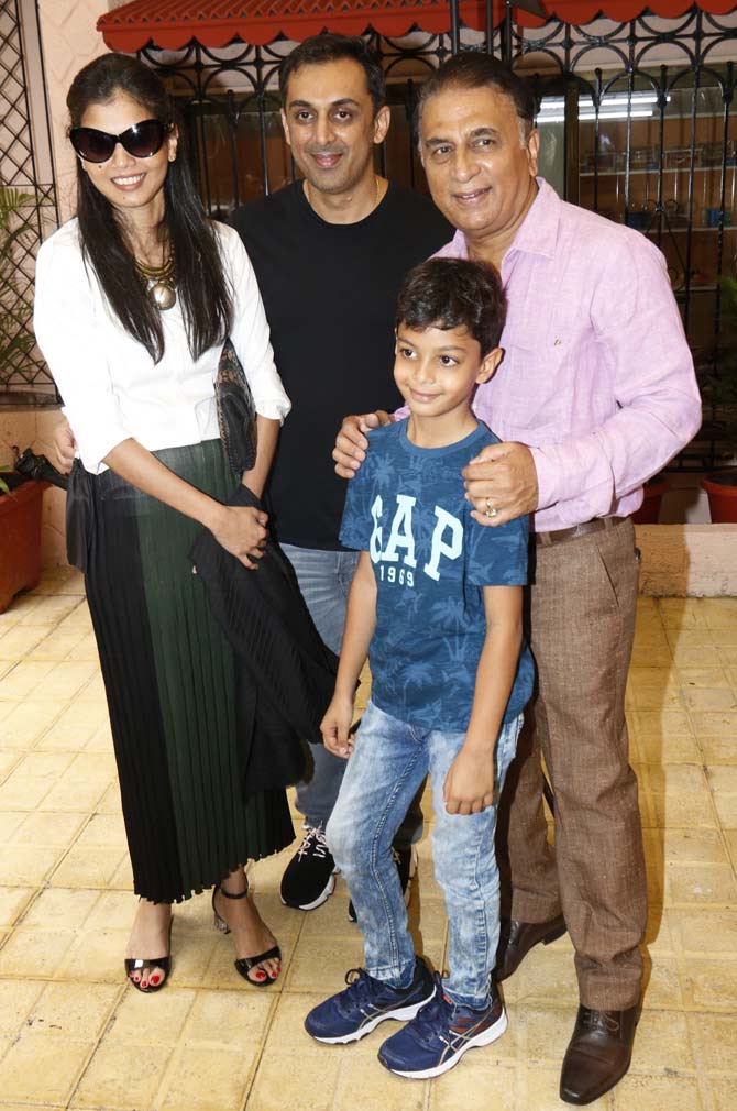 Sunil Gavaskar poses with his son Rohan, daughter-in-law Swati and grandson Vivaan at the event for a pre-school and daycare centre in Andheri