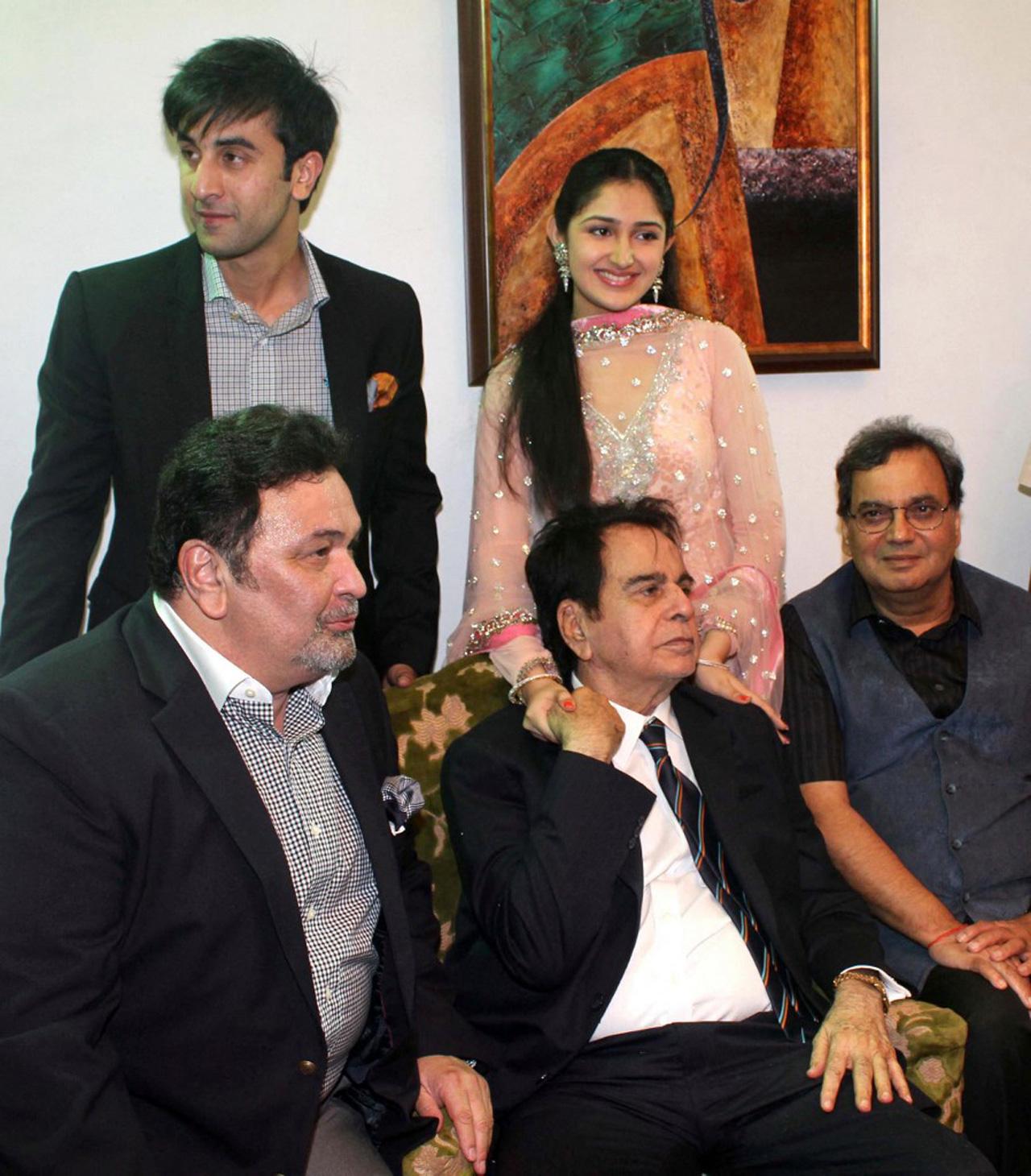 Ranbir Kapoor, Rishi Kapoor, Dilip Kumar, Sayyeshaa, and Subhash Ghai at Kumar's 89th birthday celebrations on December 11, 2011, in Mumbai