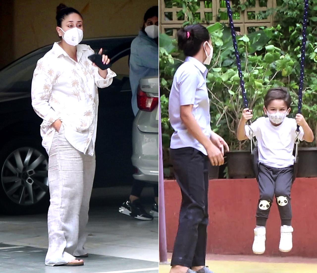 Kareena Kapoor Khan was spotted with her son, Taimur Ali Khan as the actress visited her friend's place in Bandra, Mumbai. Doting momma, Bebo was seen instructing her little one to make sure he is careful while playing on the swing.