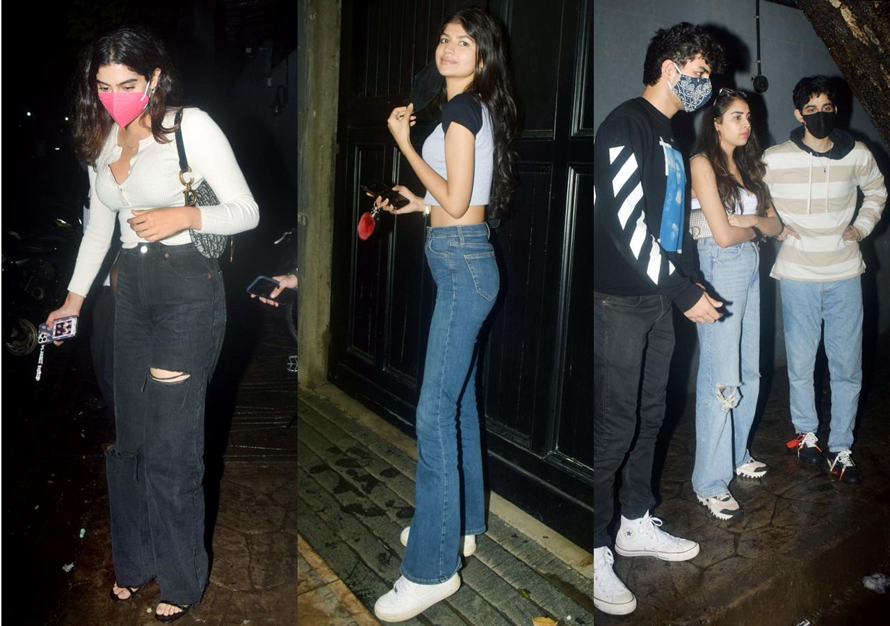 Khushi Kapoor, Anjini Dhawan, Ibrahim Ali Khan were clicked with their friends in Juhu, Mumbai. The star kids were snapped exiting a popular restaurant.