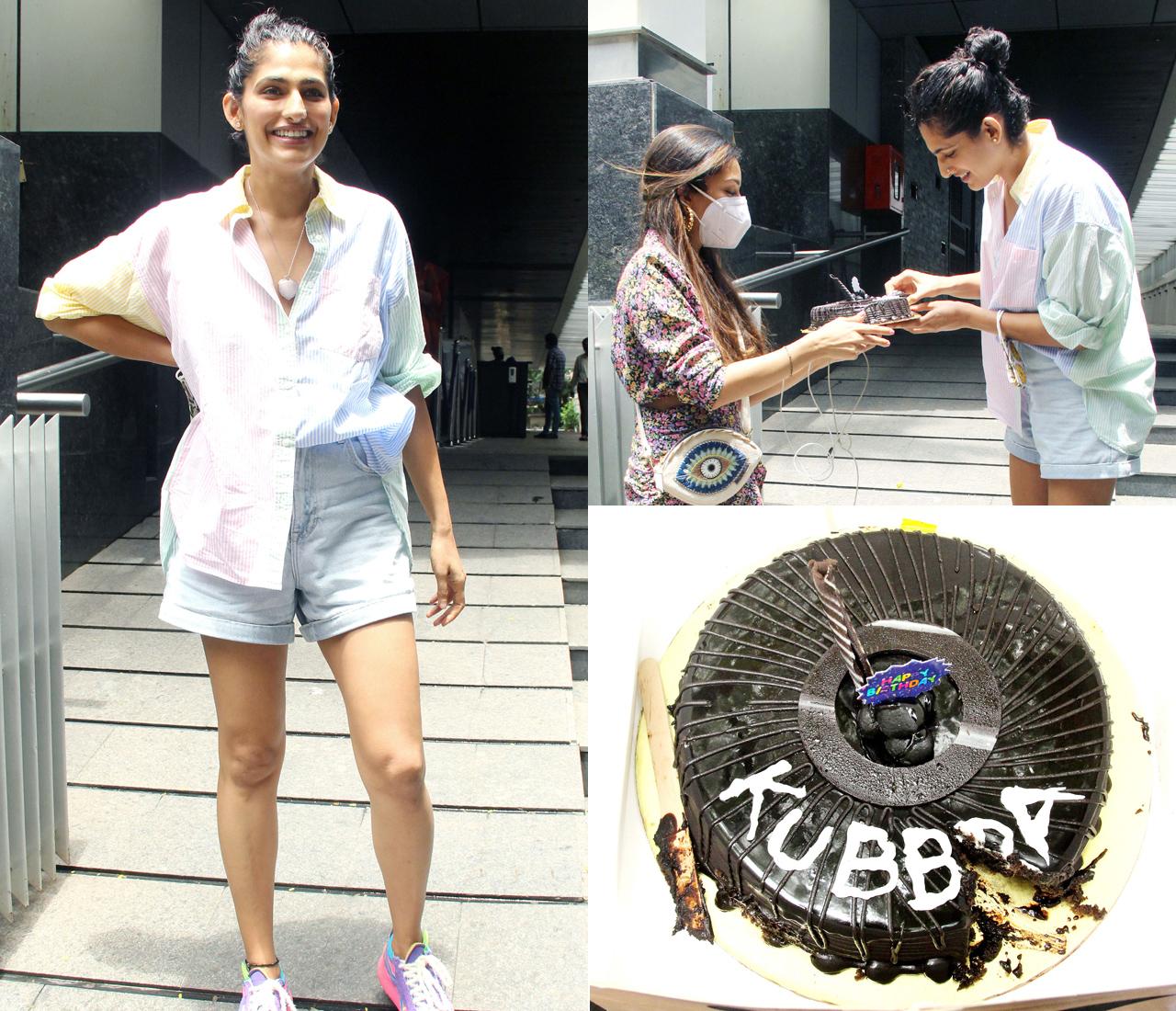 It was actress Kubbra Sait's birthday on July 27. And the actress was seen cutting her birthday cake in front of the paparazzi, outside a popular restaurant in Bandra, Mumbai.