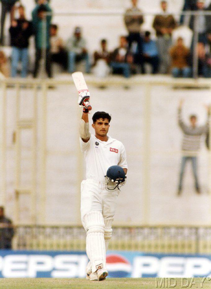 In picture: Sourav Ganguly acknowledges the dressing room after hitting a Test century.