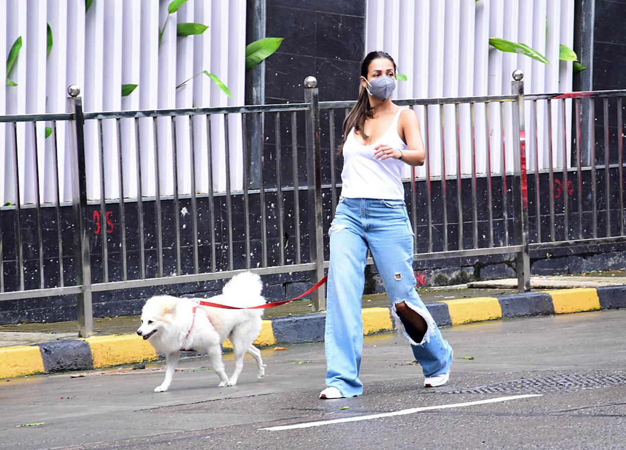 Malaika Arora was snapped near her residence in Bandra, Mumbai. The actress stepped out to take her pet dog, Casper, for a stroll. Malla looked fab as she was seen in ripped baggy jeans, paired with a white gunjee top.