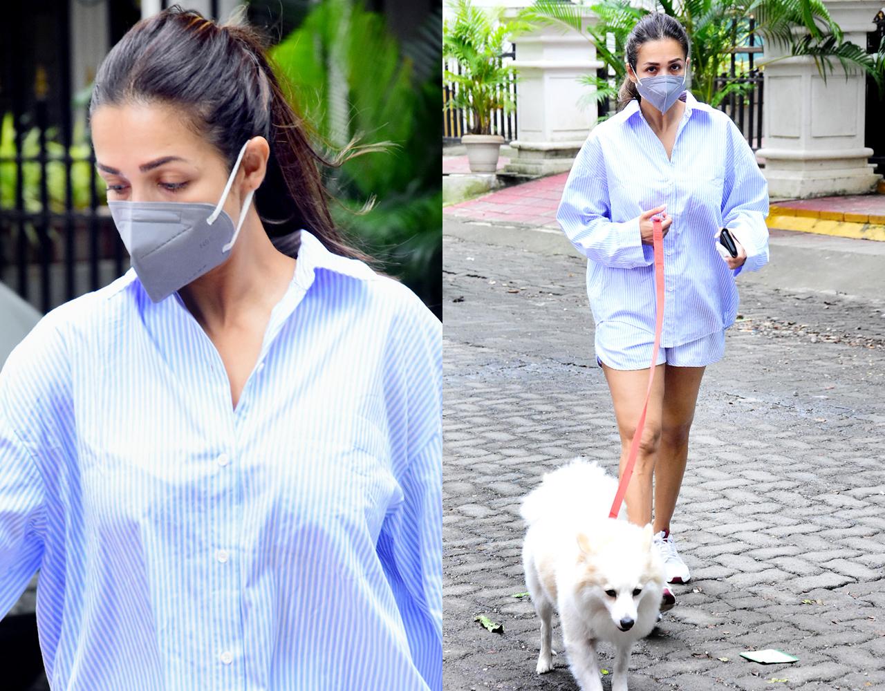 Malaika Arora was snapped outside her residence, walking her pet dog, Casper. The actress stepped out in a blue and white striped co-ord set, which looked so comfy and chic.
