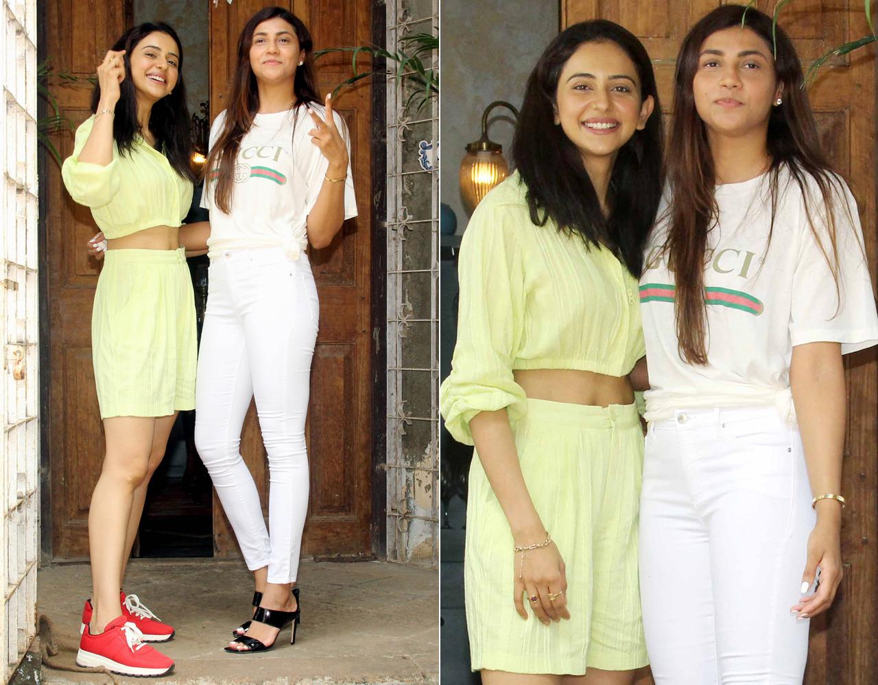 Rakul Preet Singh attended friend-fitness trainer Anshuka Parwani's birthday party, held at a popular fine dine restaurant in Pali Hill, Bandra. The actress looked elegant in a yellow co-ord set, paired with red shoes, while Anshuka opted for a Gucci t-shirt, paired with white pants.
