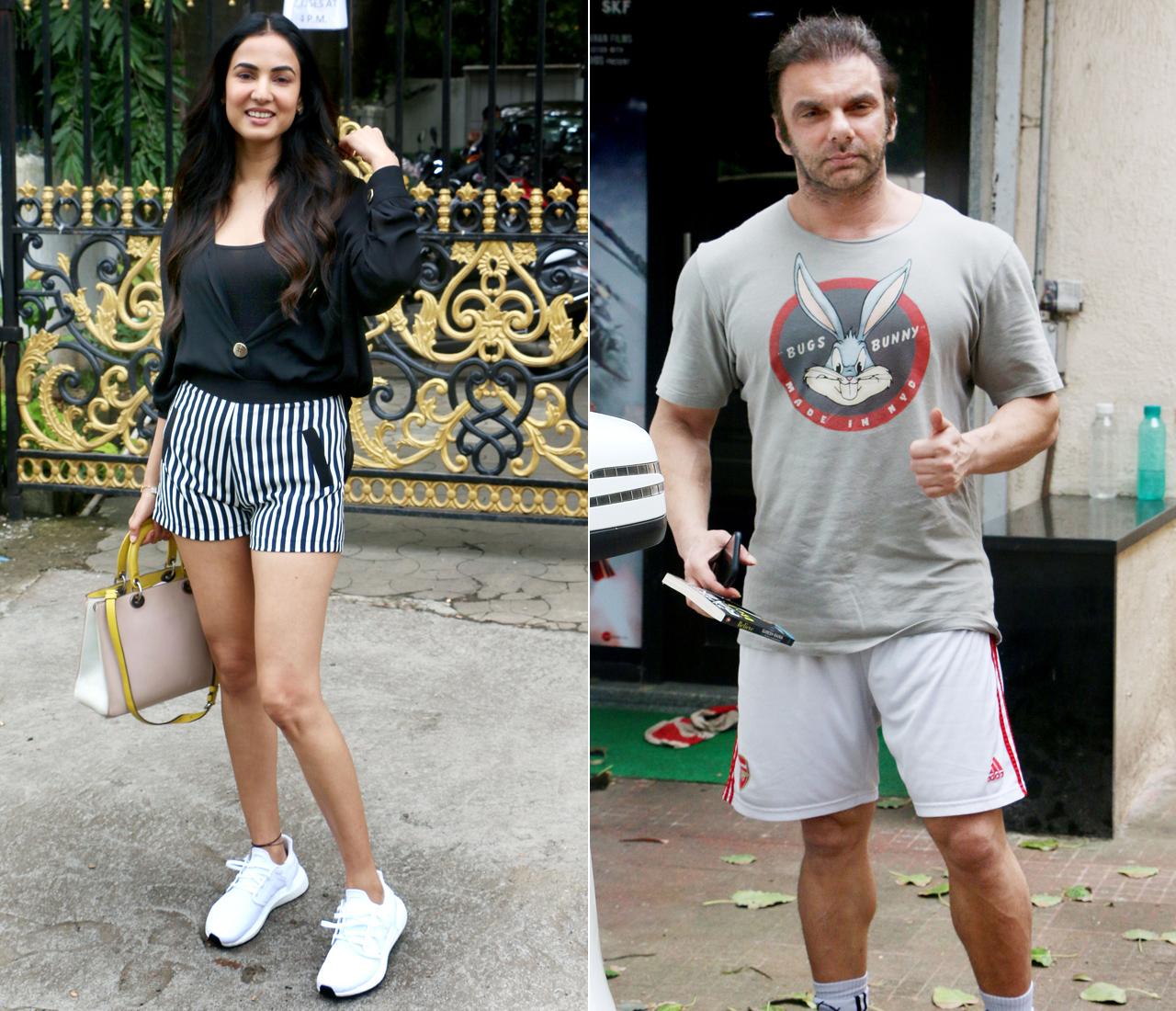 Sonal Chauhan and Sohail Khan were also snapped in Bandra, Mumbai. While Sohail was casually dressed in a gym outfit, Sonal kept it stylish in black and white striped shorts and a black top.