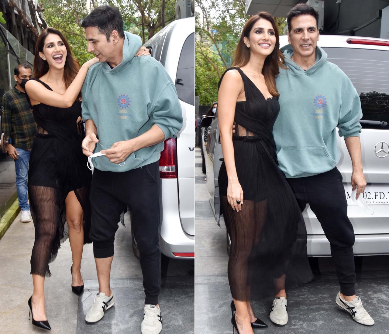 Vaani Kapoor looked fabulous in a black sheer dress which she paired with black stilettos, while Akshay opted for a cool look - a blue hoodie and black joggers.