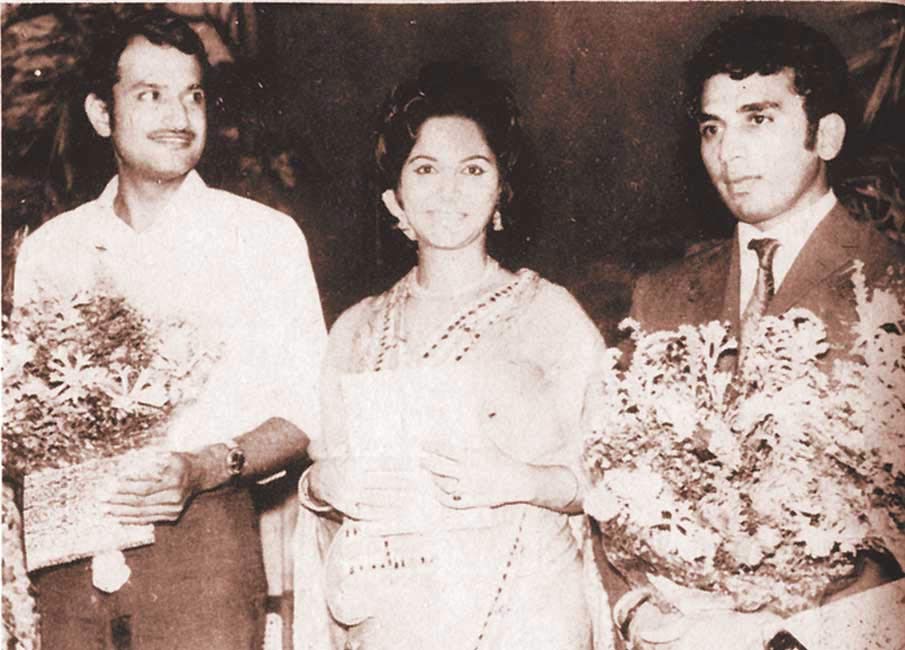 Sunil Gavaskar with then Indian team captain Ajit Wadekar and actress Waheeda Rehman at a felicitation function after India's 1971 victory over West Indies.