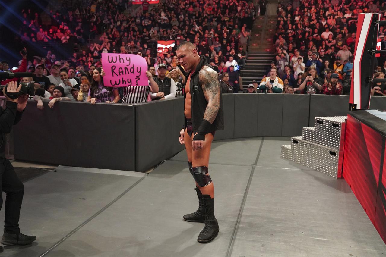 WWE superstar Randy Orton looks on at the WWE Universe as he nears the ring.