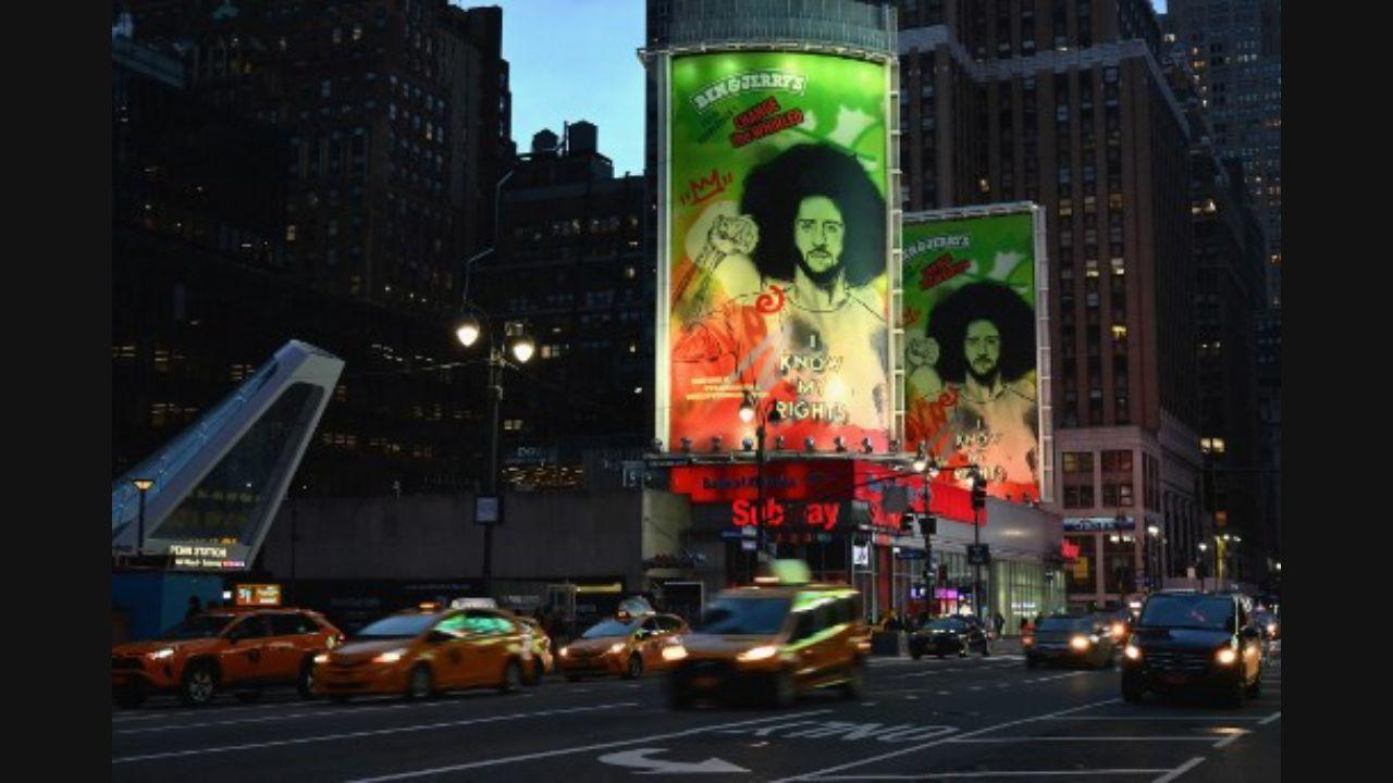 In September 2016, American rugby player, activist and San Francisco 49ers quarterback Colin Kaepernick (seen in hoardings here) sat on his knee in protest instead of standing while the national anthem was being sung during a pre-season game as he 'did not want to show pride for a flag and country that oppresses black people and people of colour', according to reports. Photo: AFP