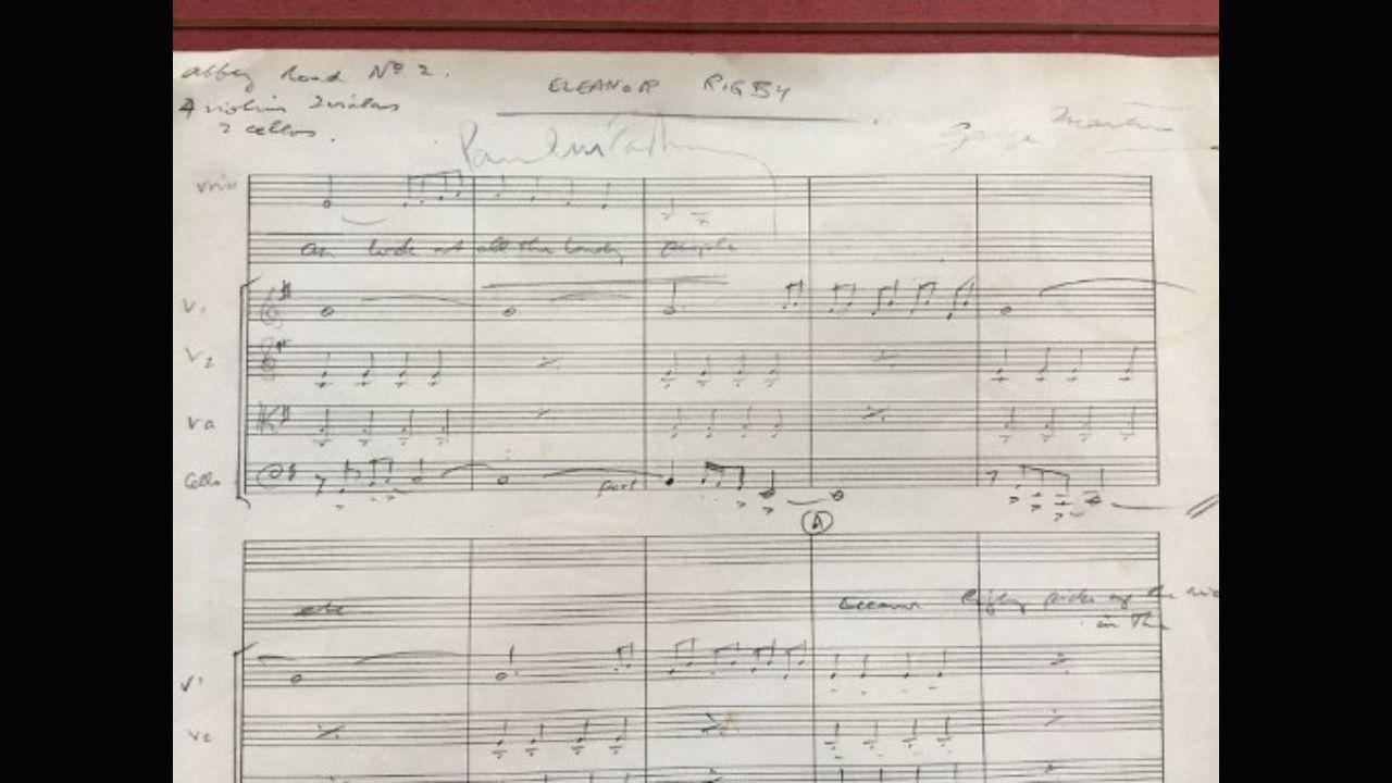 This August 21, 2017 picture shows the original score for The Beatles' song Eleanor Rigby that was auctioned by Omega Auctions in Warrington, northwest England, on September 11 at the auction house as part of their The Beatles Collection sale. Photo: AFP