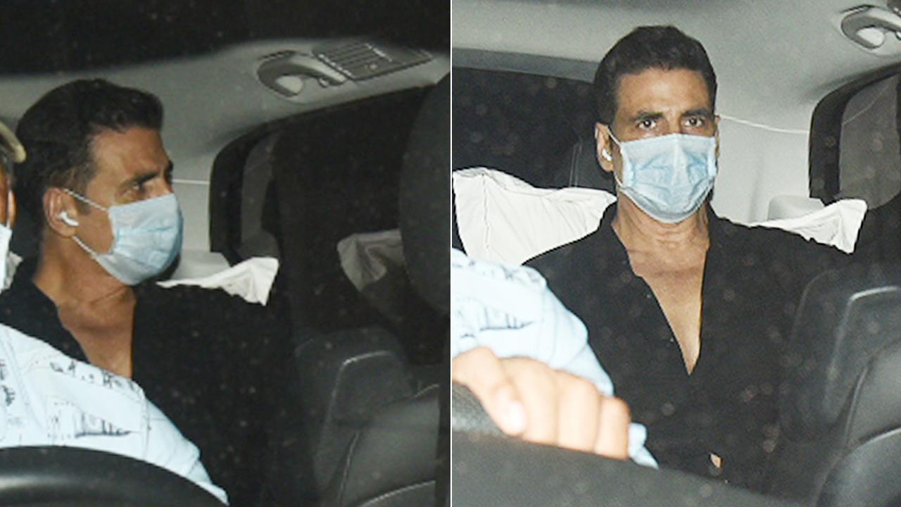 A special screening of Akshay Kumar's upcoming film 'Bell Bottom' was held at Pooja Entertainment's office in Juhu, Mumbai on Thursday. The actor, dressed in a black shirt, was clicked in his car while making his way to the screening. 'Bell Bottom', a spy thriller, will feature Akshay playing the role of a RAW agent. It is based on the plane hijacks that took India by storm in the early 1980s. 