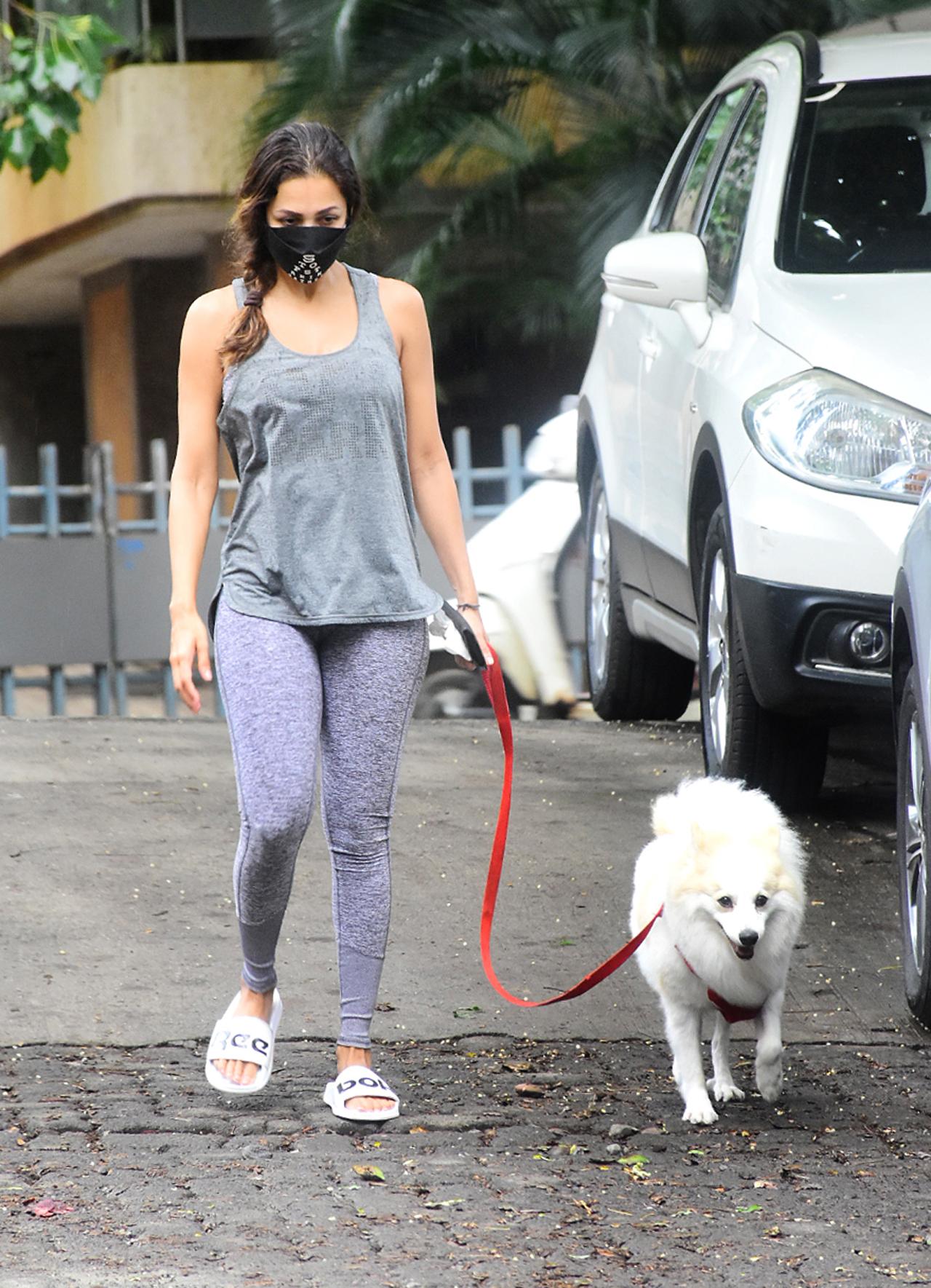 Following her everyday routine, Malaika Arora was snapped near her apartment premises in Bandra, Mumbai, while walking her pet dog, Casper. The actress, especially due to the lockdown, is often spotted taking a stroll on the streets with her pooch. (All photos/Yogen Shah)