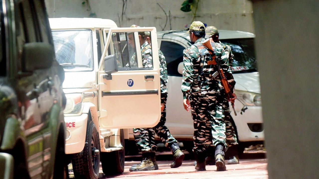 CRPF jawans seen outside the NIA office on Friday. Pic/Suresh Karkera