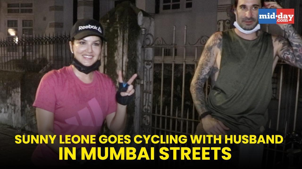 Sunny Leone goes cycling with husband in Mumbai Streets