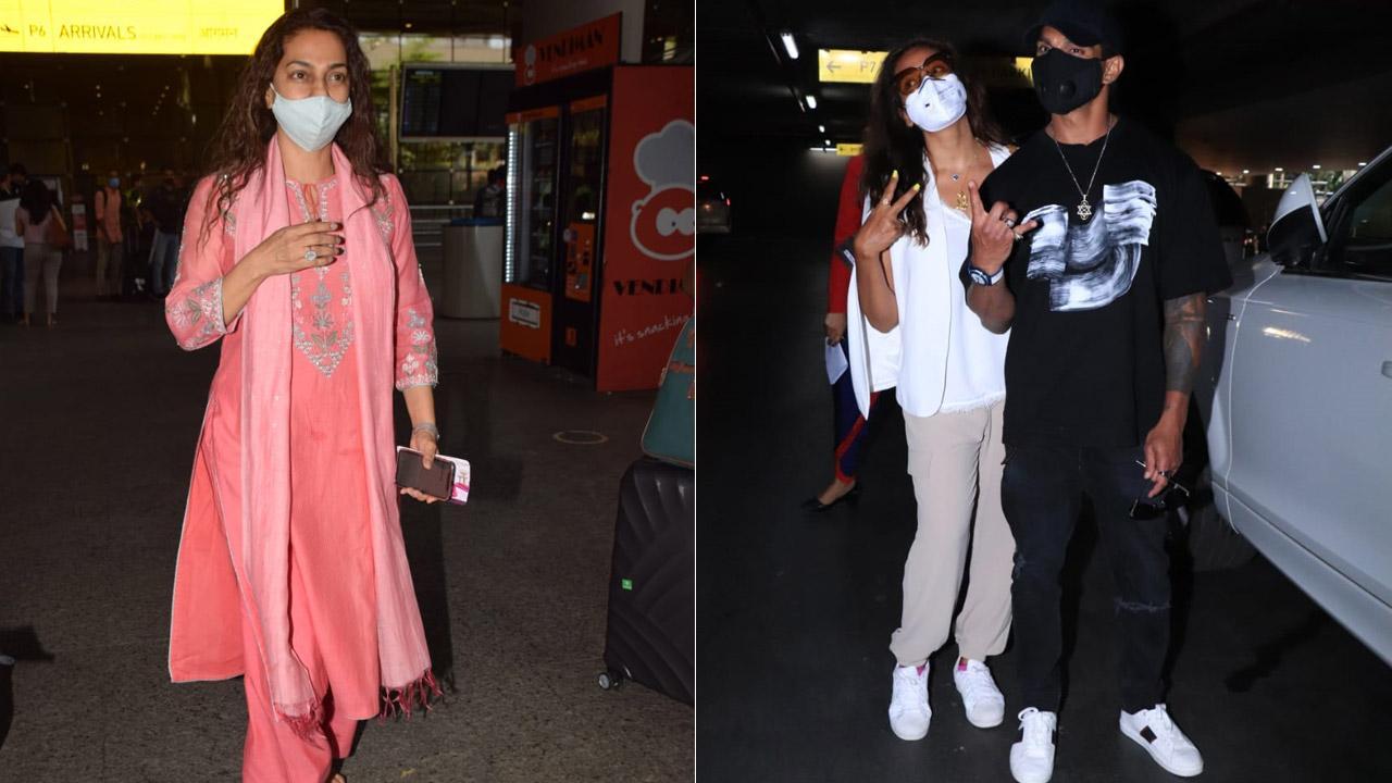 Bipasha Basu with Karan Singh Grover, Juhi Chawla, Varun Dhawan and Kriti Sanon at Mumbai airport