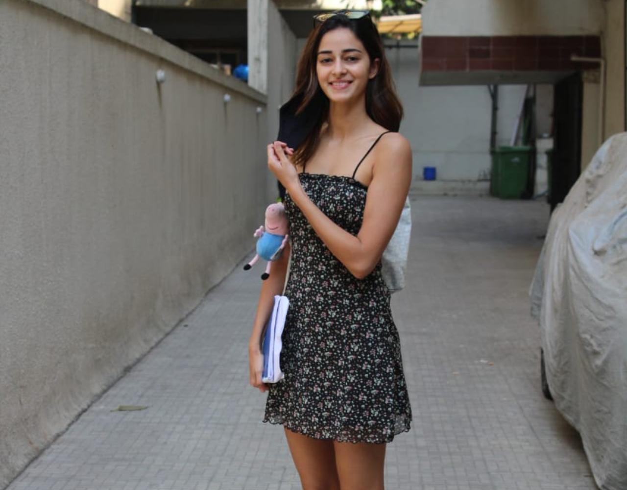 Ananya Panday showed off her toned legs in her black dotted short dress as she was clicked in Bandra.