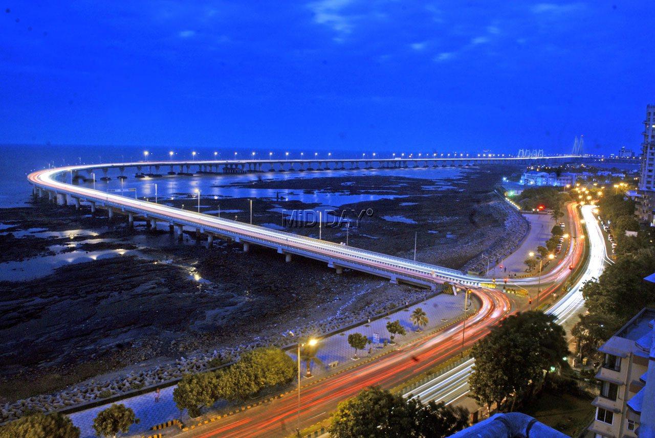 A bird's eye view of the beautiful Bandra Worli Sea link shot from the Sportsfield apartment building in Worli on January 22, 2015. Pic: Ashish Rane