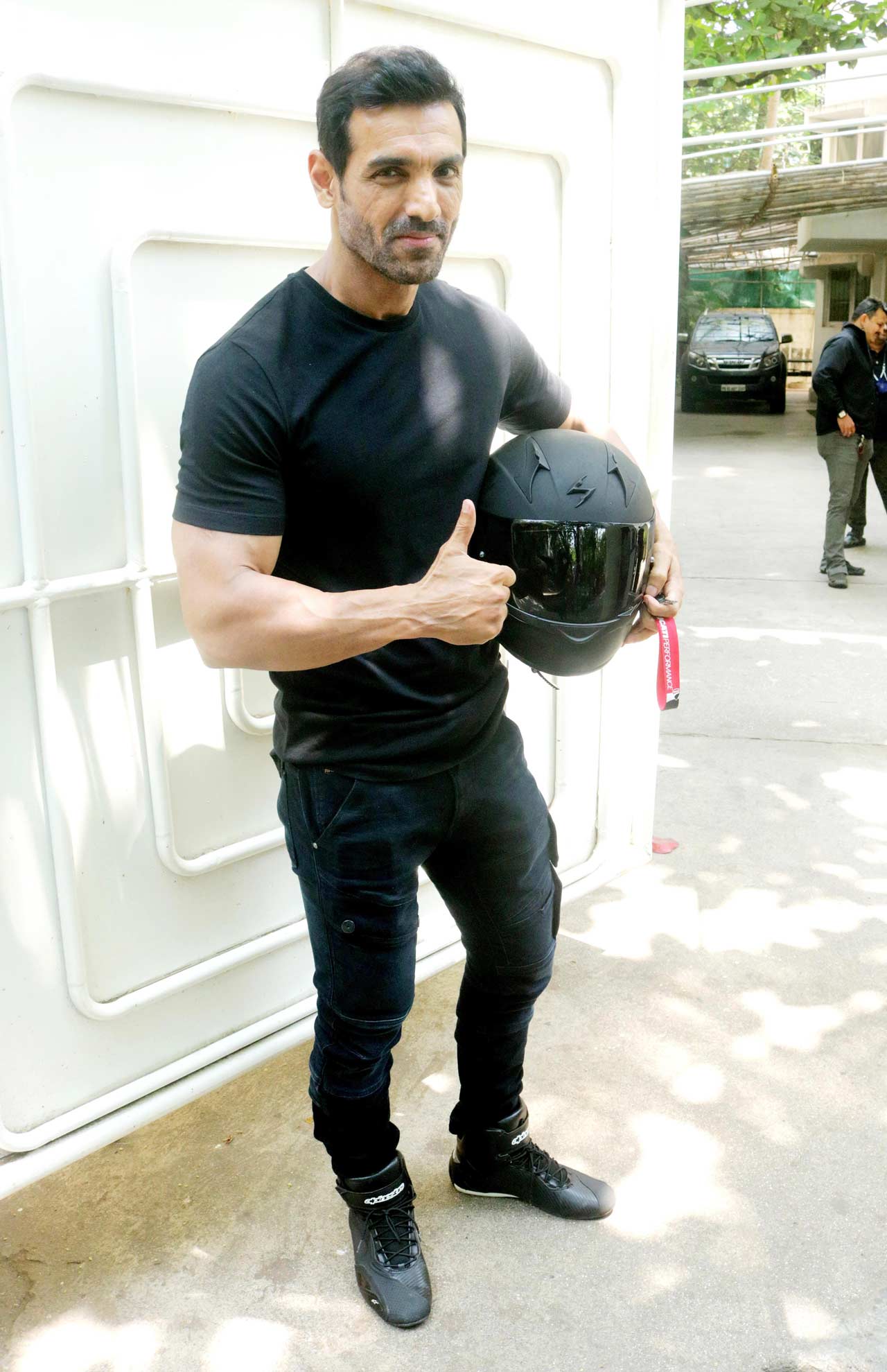 John Abraham was snapped with Milap Zaveri at a dubbing studio in Juhu, Mumbai