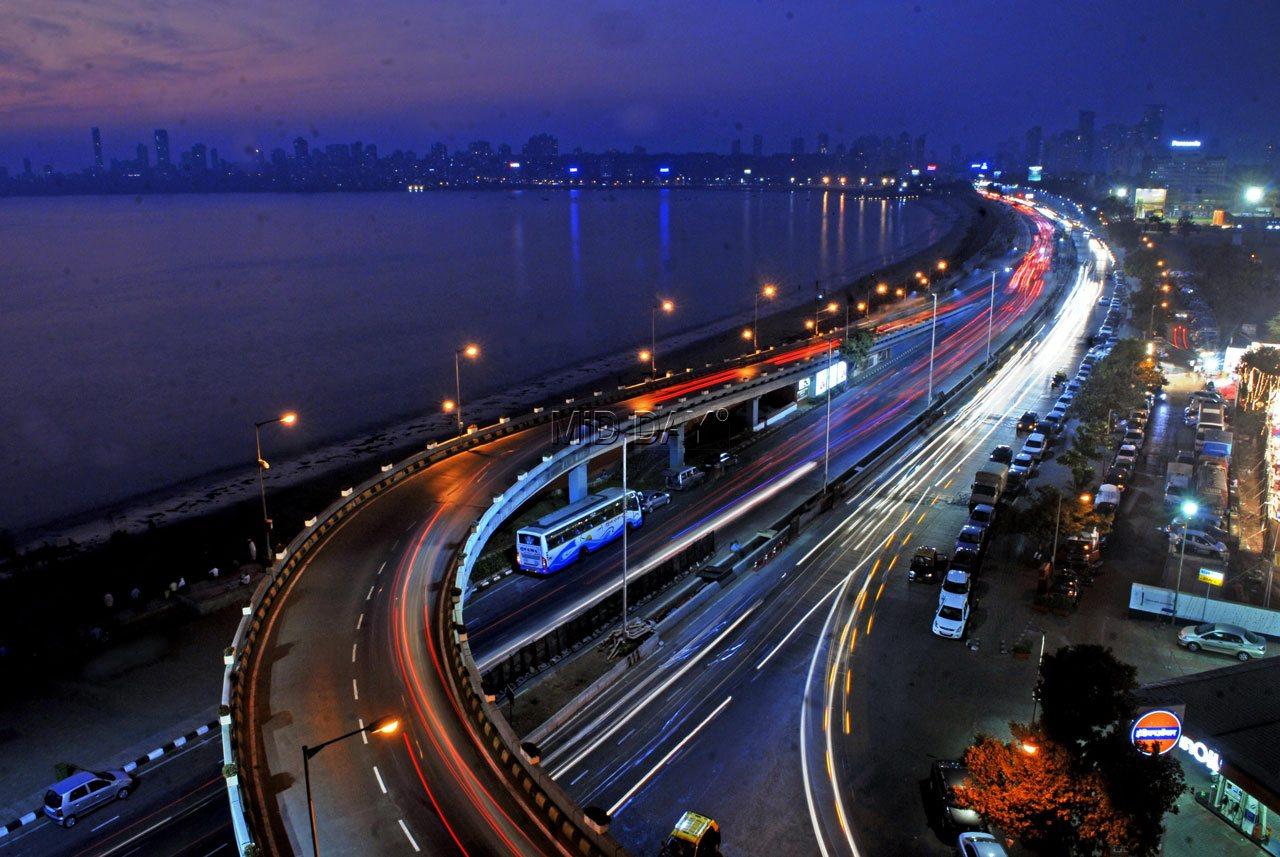 An aerial shot of the iconic Marine Drive, also known as Queen's Necklace. The picture was shot from top of Meghdoot Building in South Mumbai. Pic: Ashish Rane