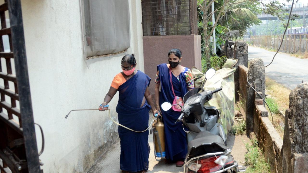 According to the BMC, the number of containment zones in slums and 'chawls' (old row tenements) has reduced to 91, while the tally of sealed buildings (where a certain number of residents has tested COVID-19 positive) dropped to 814.
In picture: BMC workers spray detergent and sanitiser in the railway colony area at Tilak Nagar. Photo: Sameer Abedi
