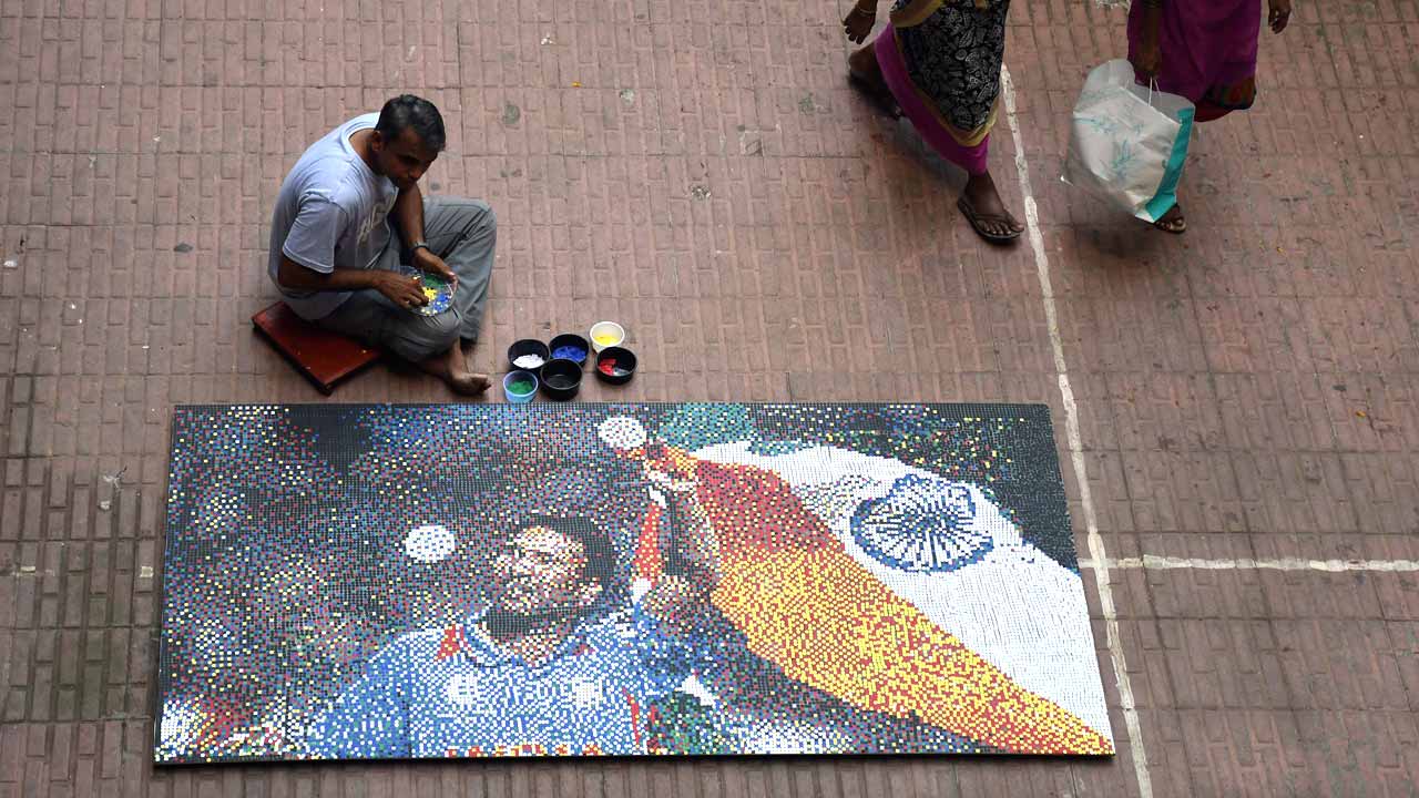 Happy Birthday Sachin Tendulkar! Abhishek Satam, a fan of Sachin Tendulkar creates a mosaic art work to celebrate the cricket legend's birthday. Photo: Ashish Raje