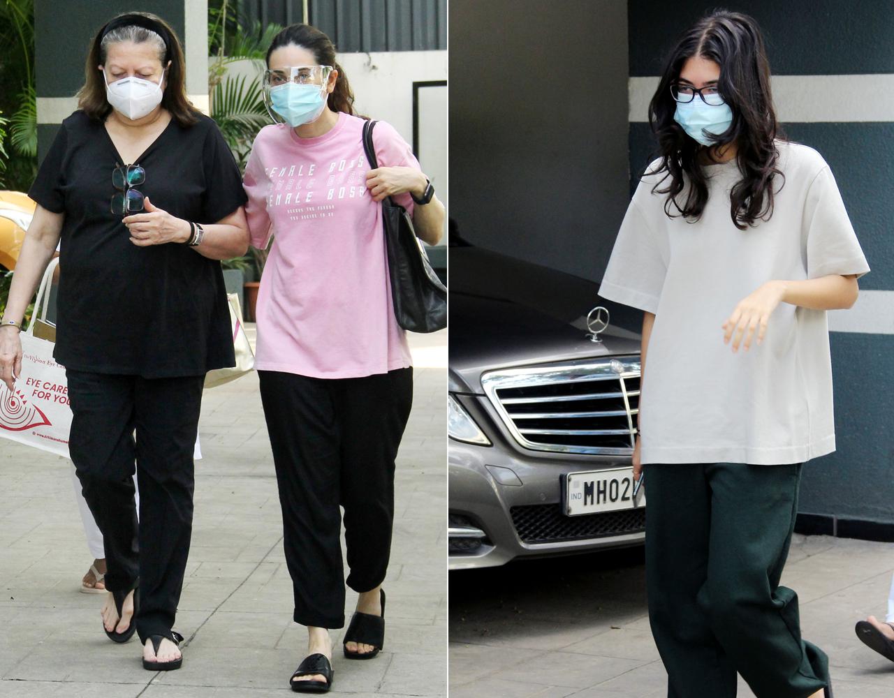Karisma Kapoor was clicked with her mother-former actress Babita were clicked at a clinic in Juhu, Mumbai. While Karisma donned a pink oversized t-shirt, paired with black trouser, Babita was seen in all-black attire. Karisma's daughter Samaira was also spotted with the duo. (All pictures/Yogen Shah)
