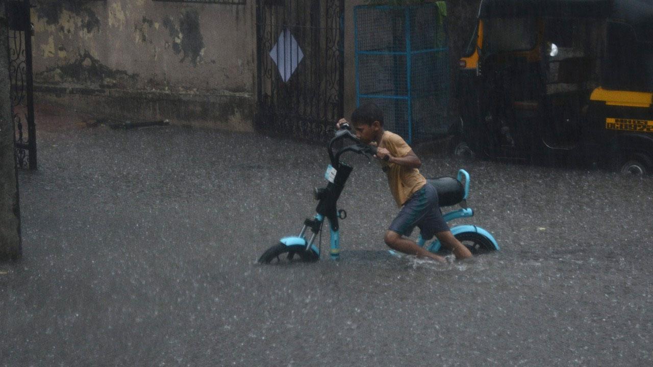 Boy wades his bike through a flooded street in Kurla. Pic/Sayyed Sameer Abedi
