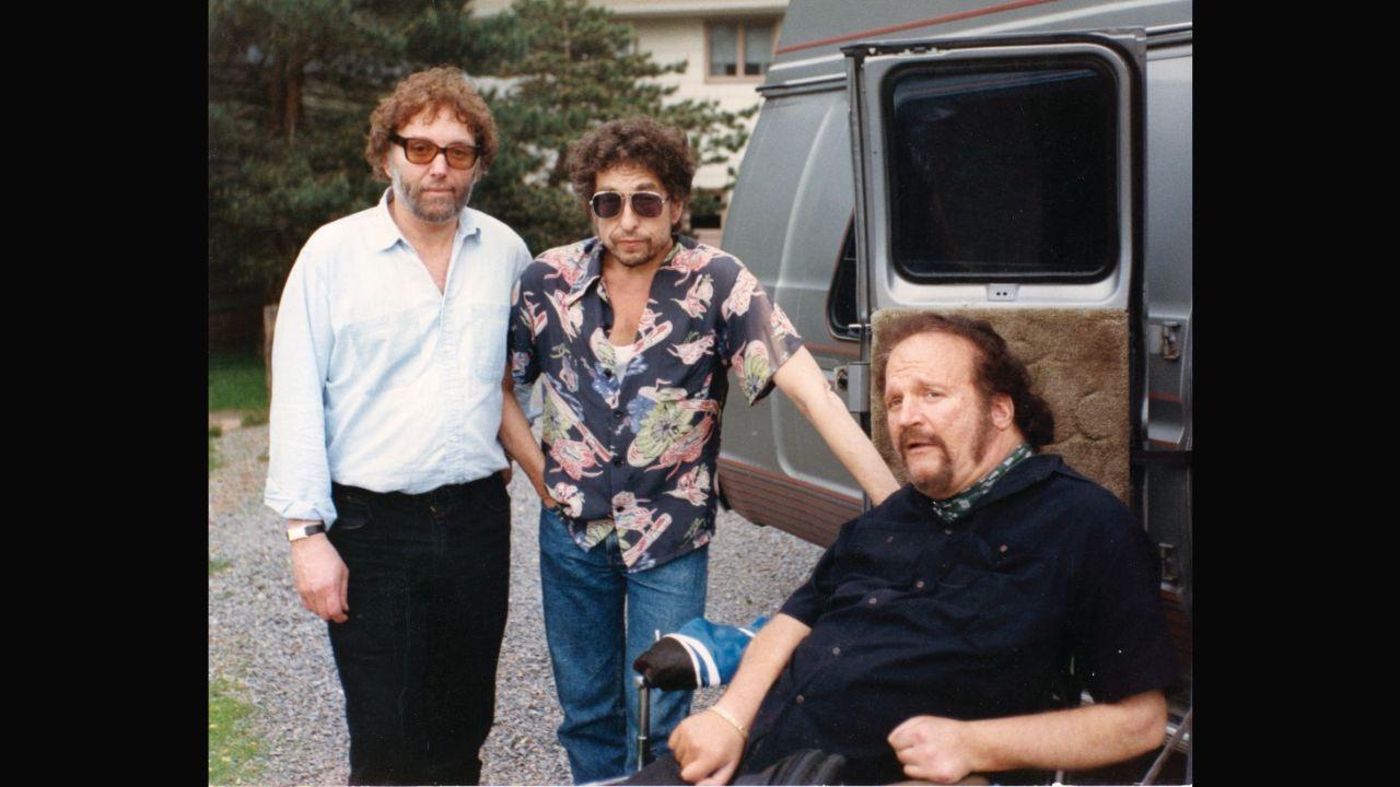 Bob Dylan (centre) pictured at his fiftieth birthday in 1991, with friends Louis Kemp (left) and Larry (last name unknown).Photo: HO / Louie Kemp collection / AFP