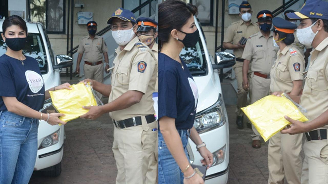 Jacqueline Fernandez provides raincoats to the Mumbai Police