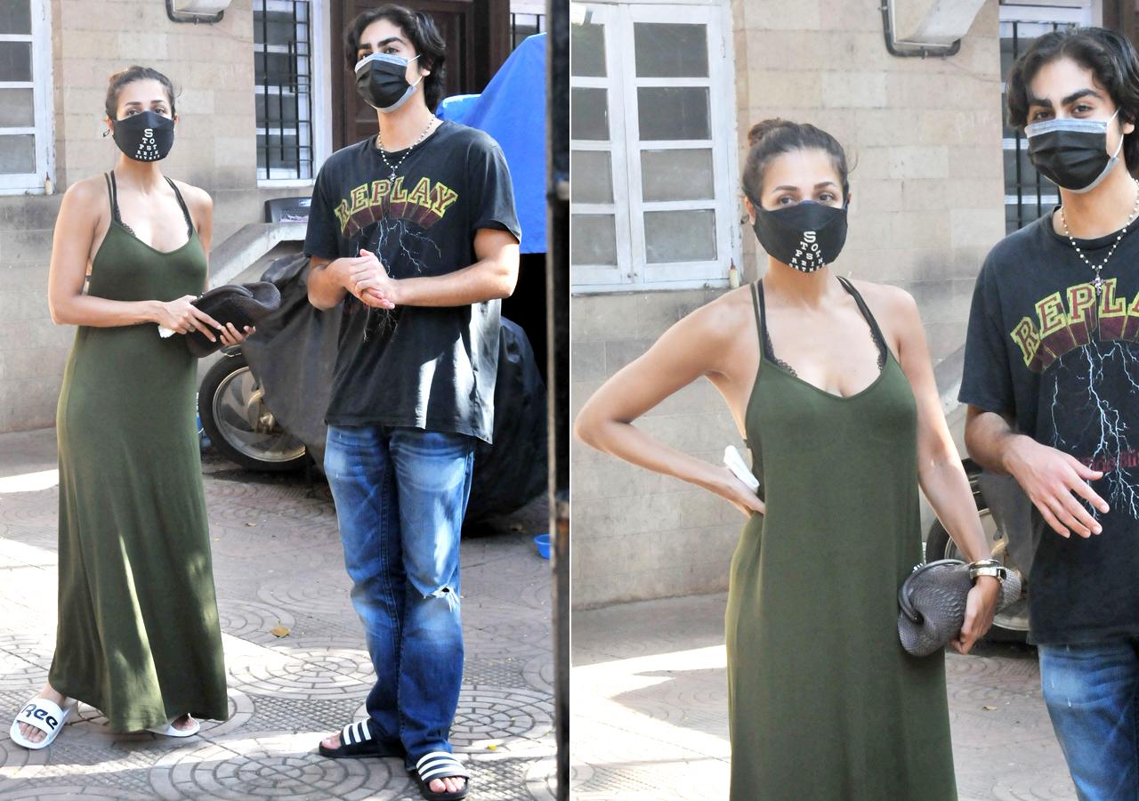 Malaika Arora manages to look drop-dead gorgeous even in the basic outfit. She wore a comfortable-looking olive green spaghetti strap maxi dress, while Arhaan was in his casual best.