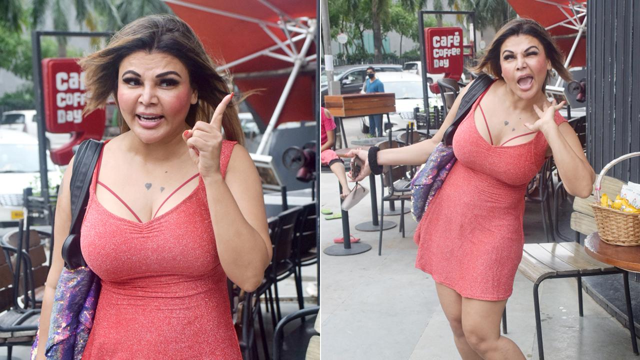 Rakhi Sawant was also spotted nearby her residence in Lokhandwala, Andheri. The actress, as can be seen in the pictures, gave some wacky poses for the paparazzi, as she stood outside a coffee shop.