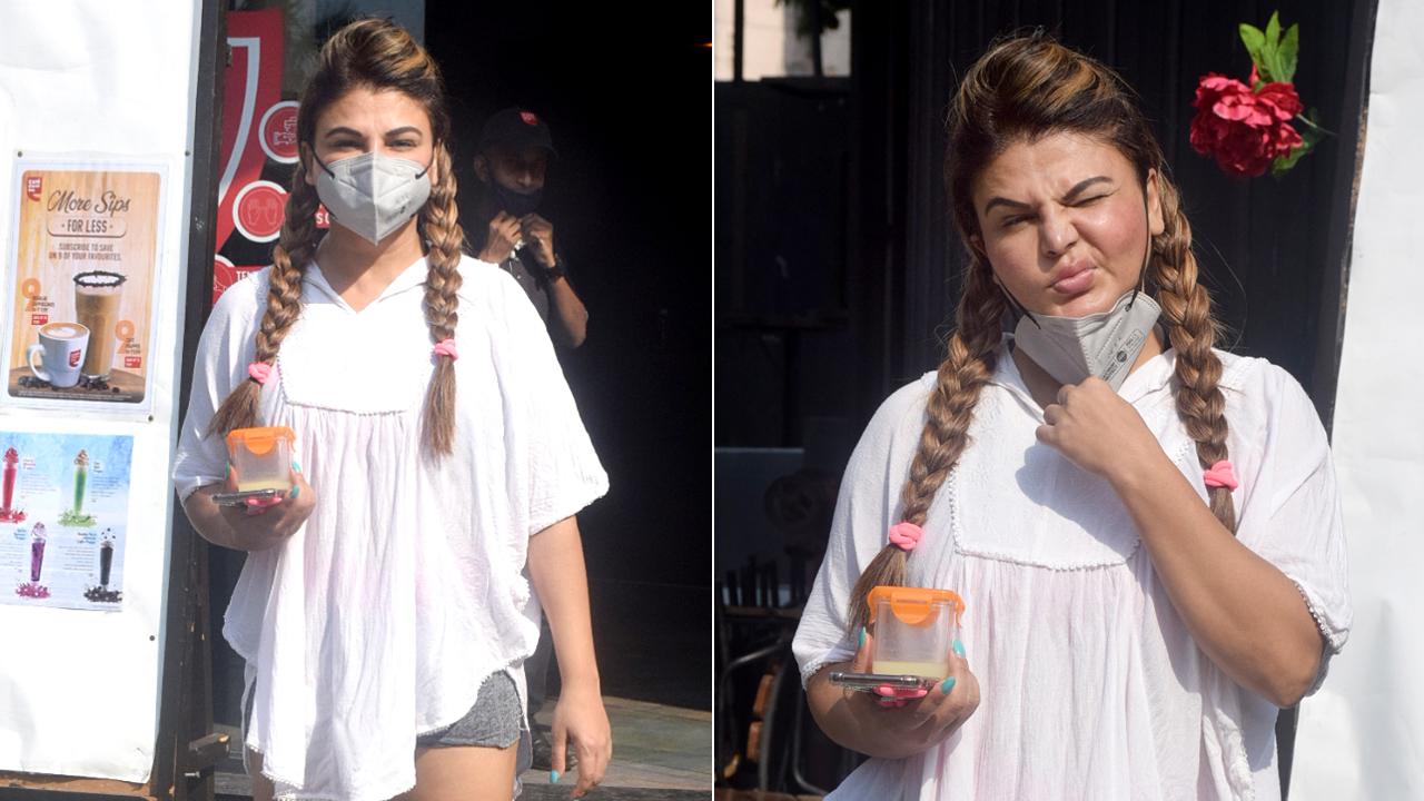 Rakhi Sawant was snapped outside a coffee shop in Lokhandwala, Andheri. The actress was seen wearing a white comfy kurta, paired with grey shorts and tied her hair in braids.