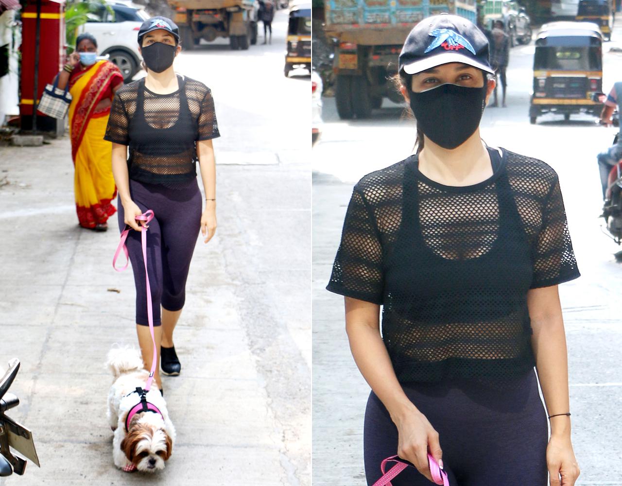 Sophie Choudry was among celebrities spotted out and about, on Saturday. Just like her neighbour-actress Malaika Arora, Sophie too is often spotted with her pooch, while strolling on the Bandra streets, during the lockdown.