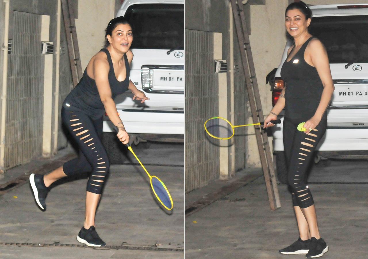 Sushmita Sen donned a black racerback tank top, paired with black sports capris and black shoes, looking fit and fab as usual.