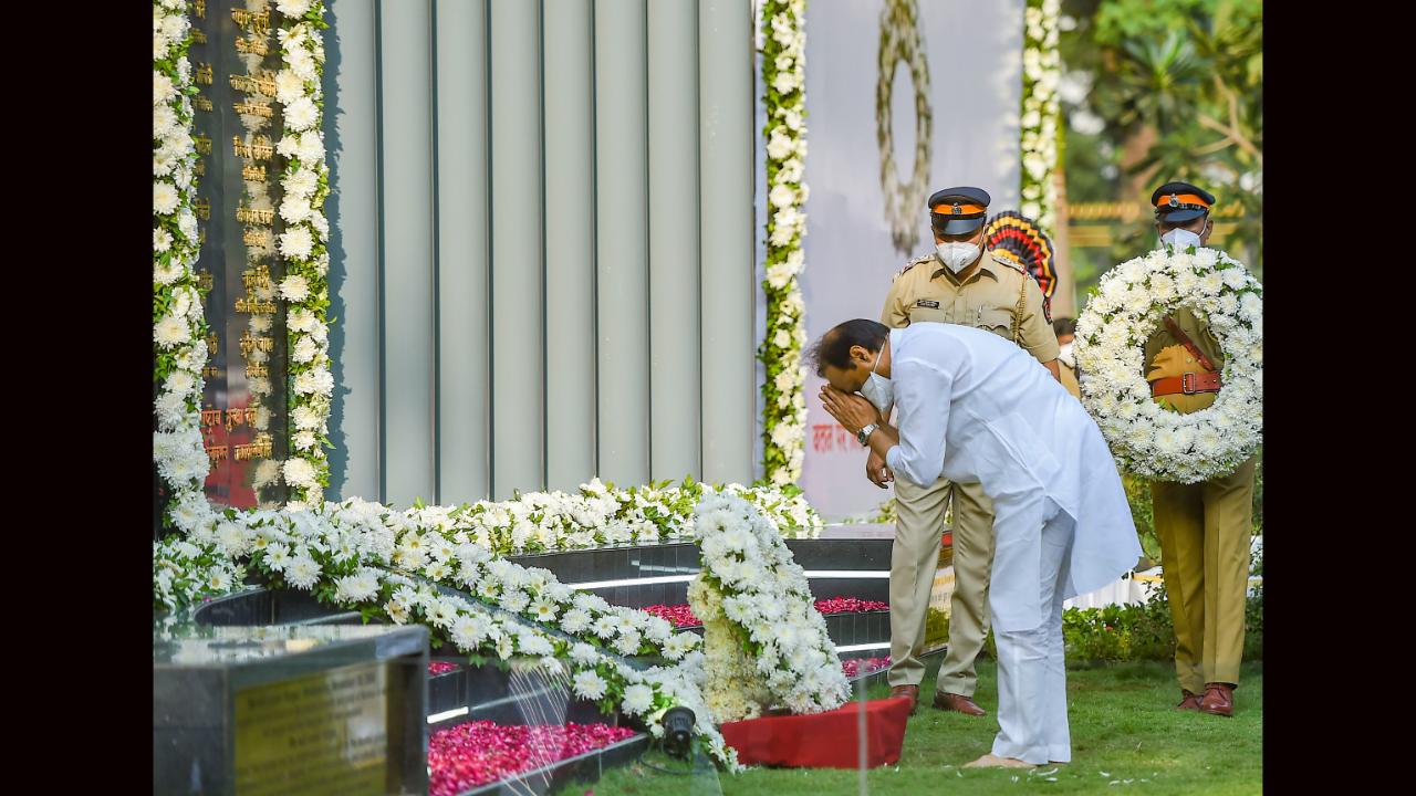 Deputy Chief Minister Ajit Pawar, Home Minsiter Dilip Walse-Patil, Tourism Minister, Director-General of Police Sanjay Pandey, Police Commissioner Hemant Nagrale and other dignitaries also paid their respects at the martyrs' memorial. Photo: File pic/PTI