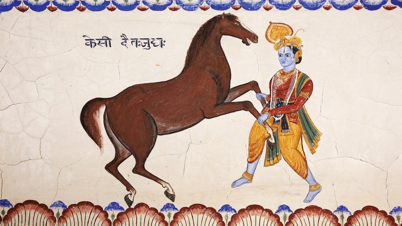 A painting of Krishna killing demons Putna, Kauvalyapitam, and Keshi in the form of a horse