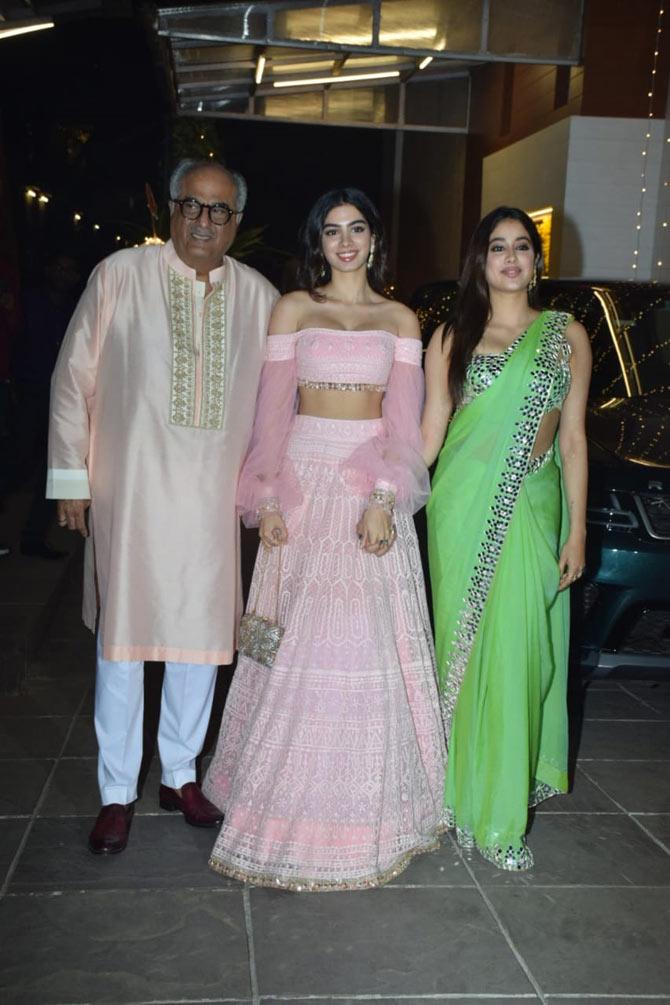 The `Roohi` actress was accompanied by sister Khushi and dad Boney Kapoor. Khushi was a vision in a baby pink lehenga with an off-shoulder crop top.