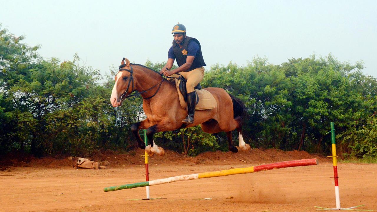 Rider Sushant Rupnar with his horse Badal during their practice session at Marol