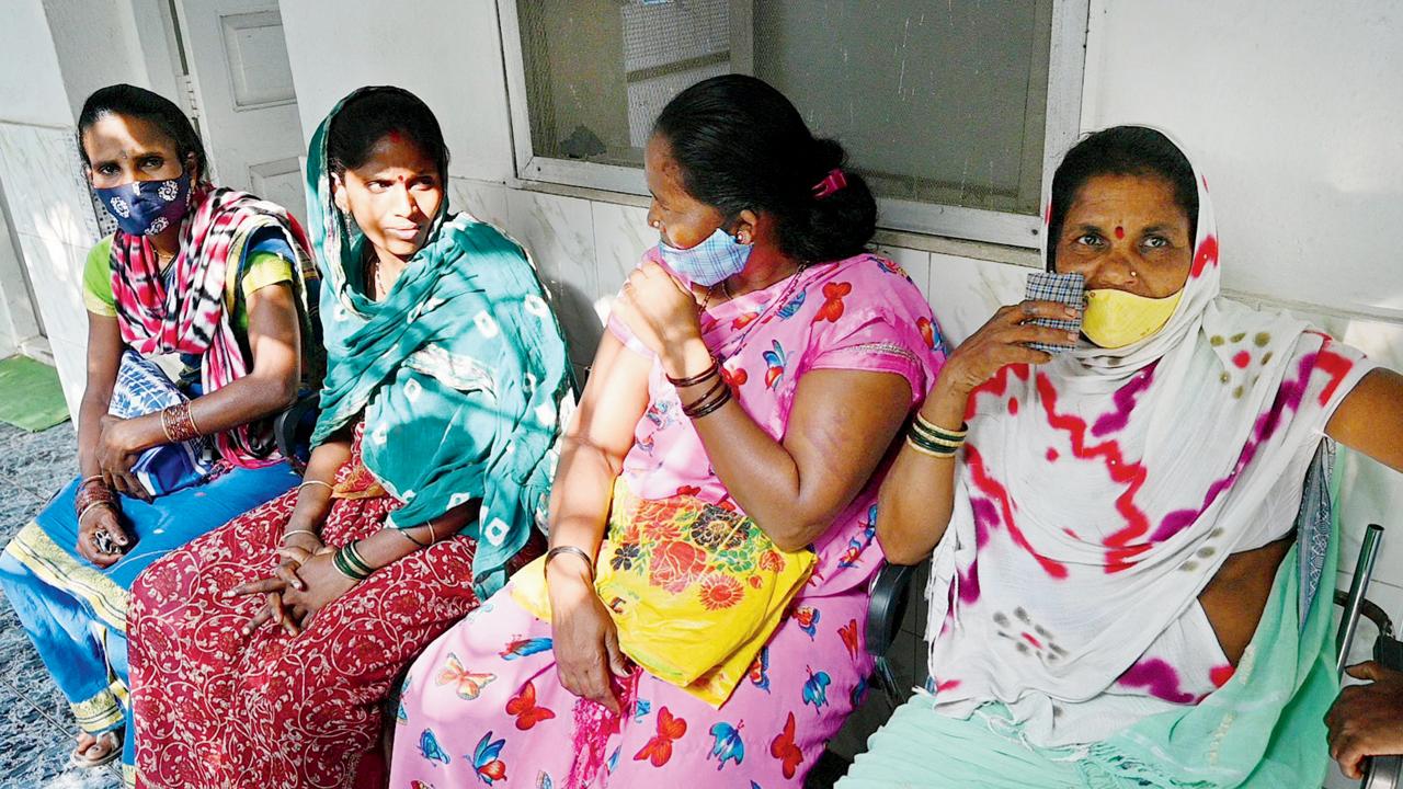 Four of the assaulted tribal women in Vasai on Friday. Pic/Hanif Patel
