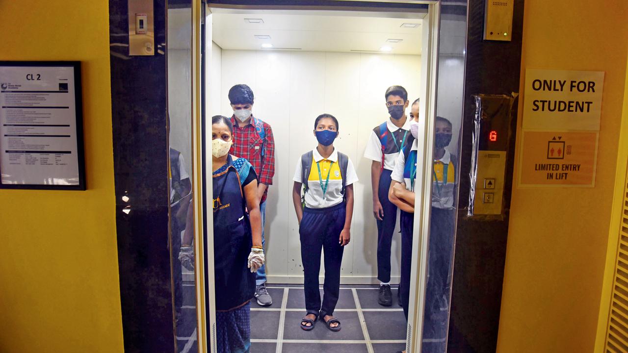 At Chembur’s The Green Acres Academy, class IX has seen 37.9 per cent students attend offline classes; while for class X, the number is 32.18 per cent. Principal Bonny Bhansali says the reason cited by parents is that the children are not vaccinated. Pic/Sameer Markande