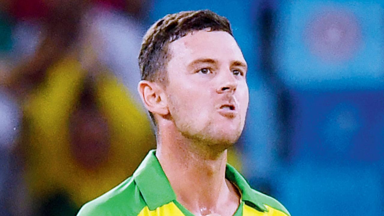 Australia pacer Josh Hazlewood celebrates the wicket of Daryl Mitchell. Hazlewood took 3-16