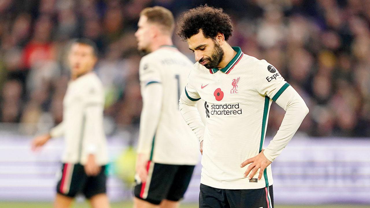 Liverpool’s Mohamed Salah rues a missed chance on Sunday